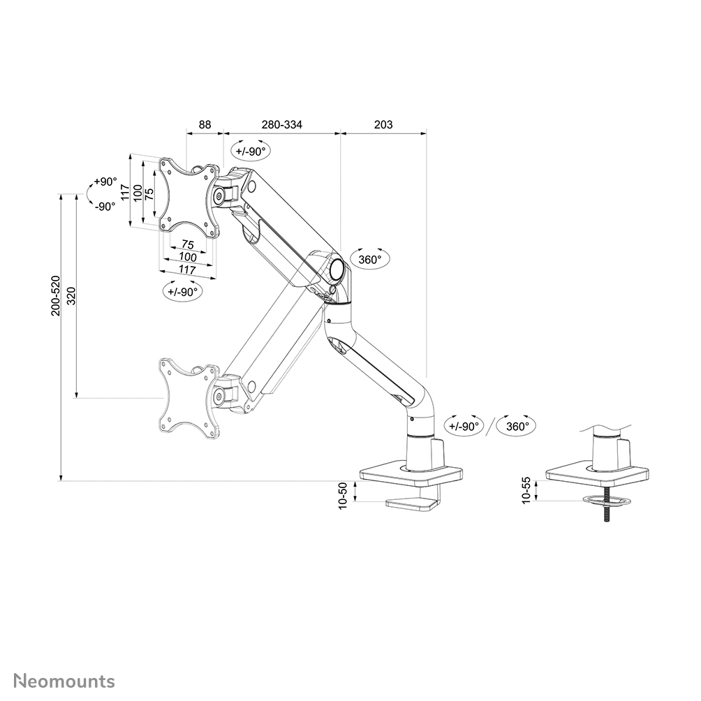 Neomounts DS70S-950BL1 Support d'écran à fixer 17-49" - ressort à gaz - Topfix - arrêt 180°